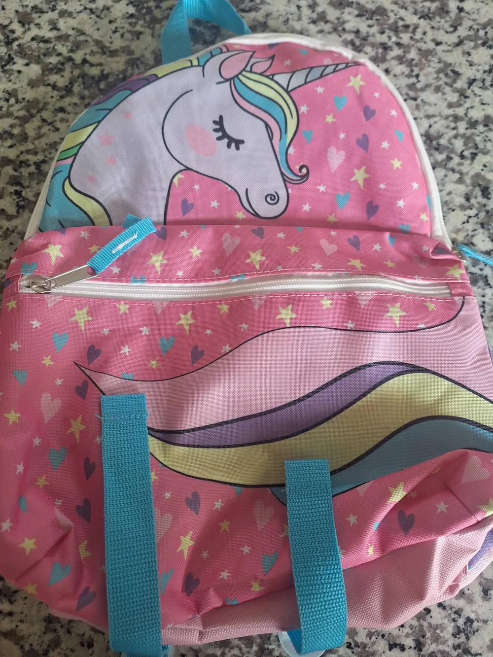Kids Pink and Purple Unicorn Print Backpack with Aqua Straps